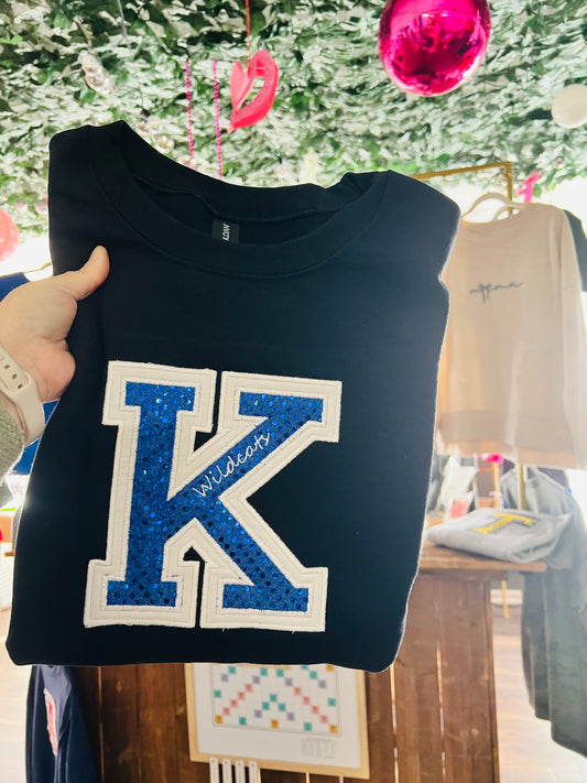 Wildcats Blue Sequin - Double Appliqué Varsity Letter Crewneck