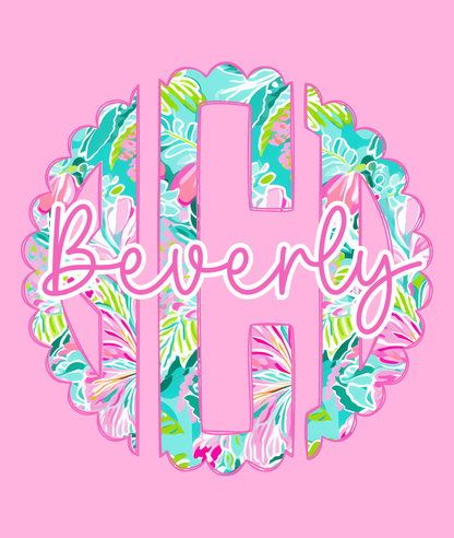 Pink Floral Scalloped Monogram - Gildan Softstyle