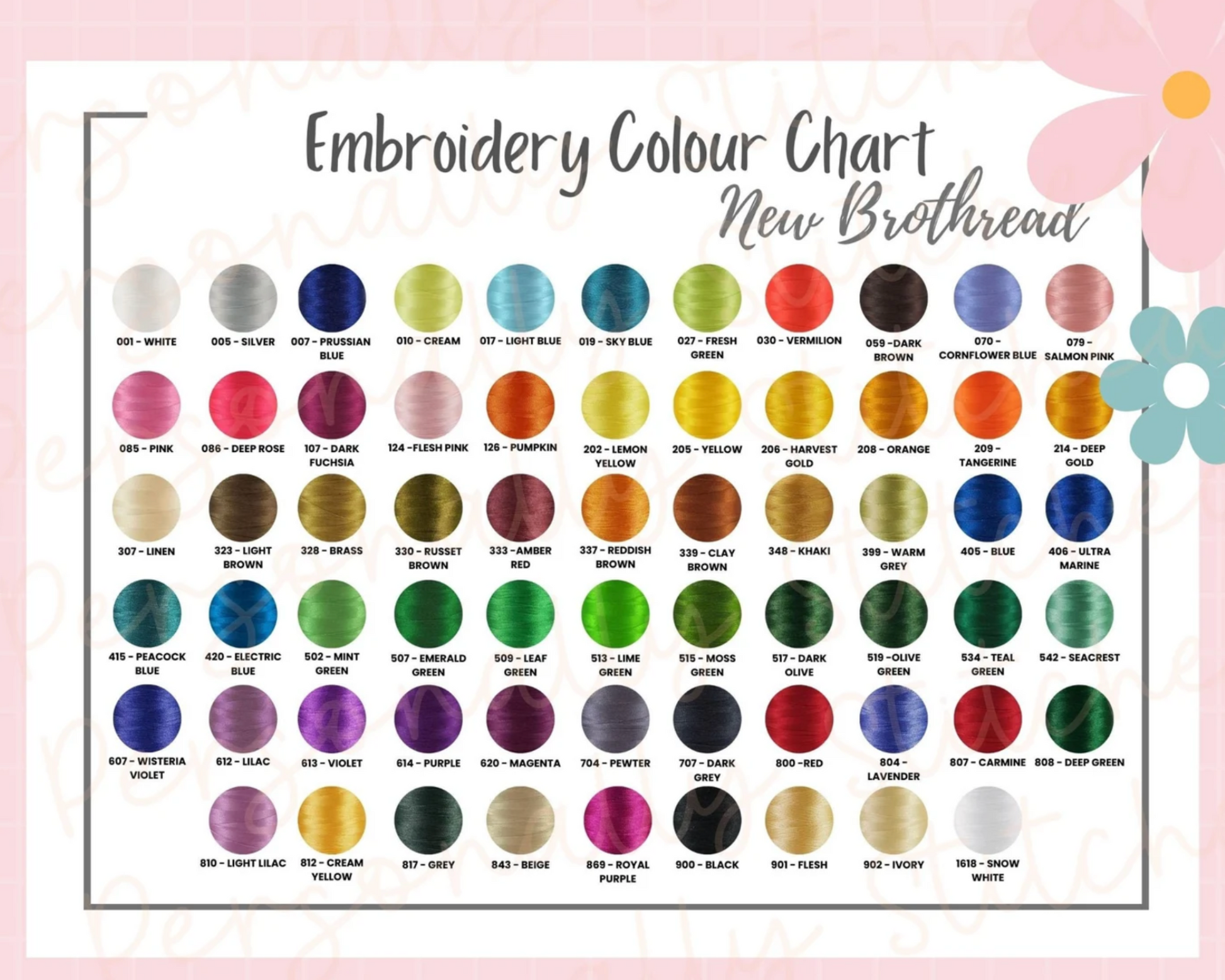 Embroidery color chart with color swatches on a pink background